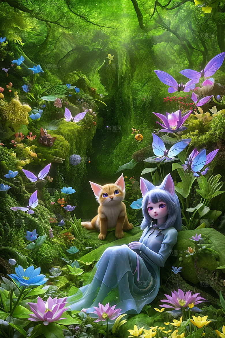 奇幻森林中的小精灵与花朵