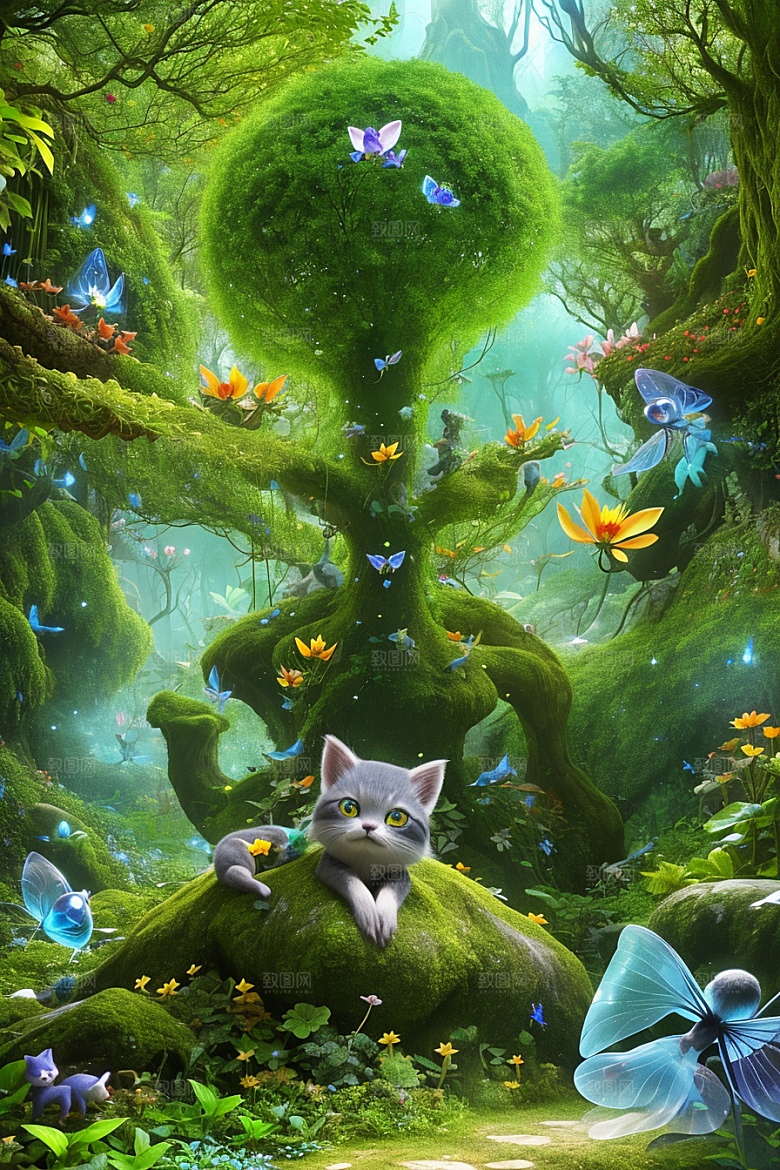 奇幻森林中的小精灵与花朵