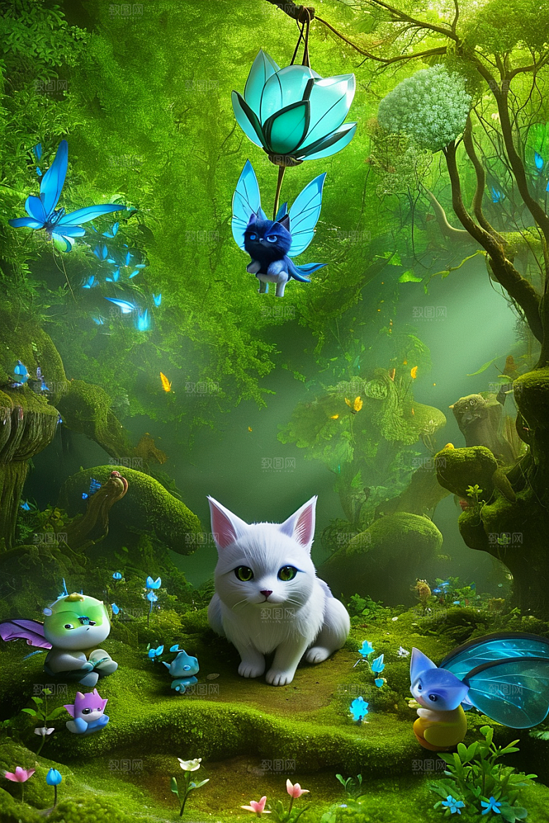 奇幻森林中的小精灵与花朵