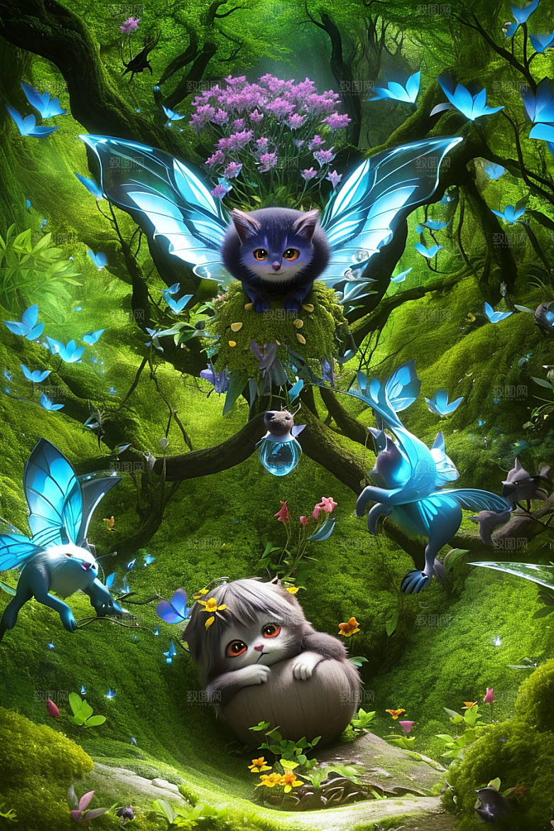 奇幻森林中的小精灵与花朵