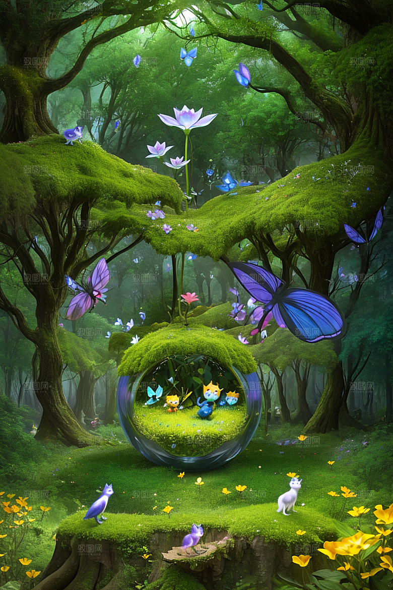 奇幻森林中的小精灵与花朵