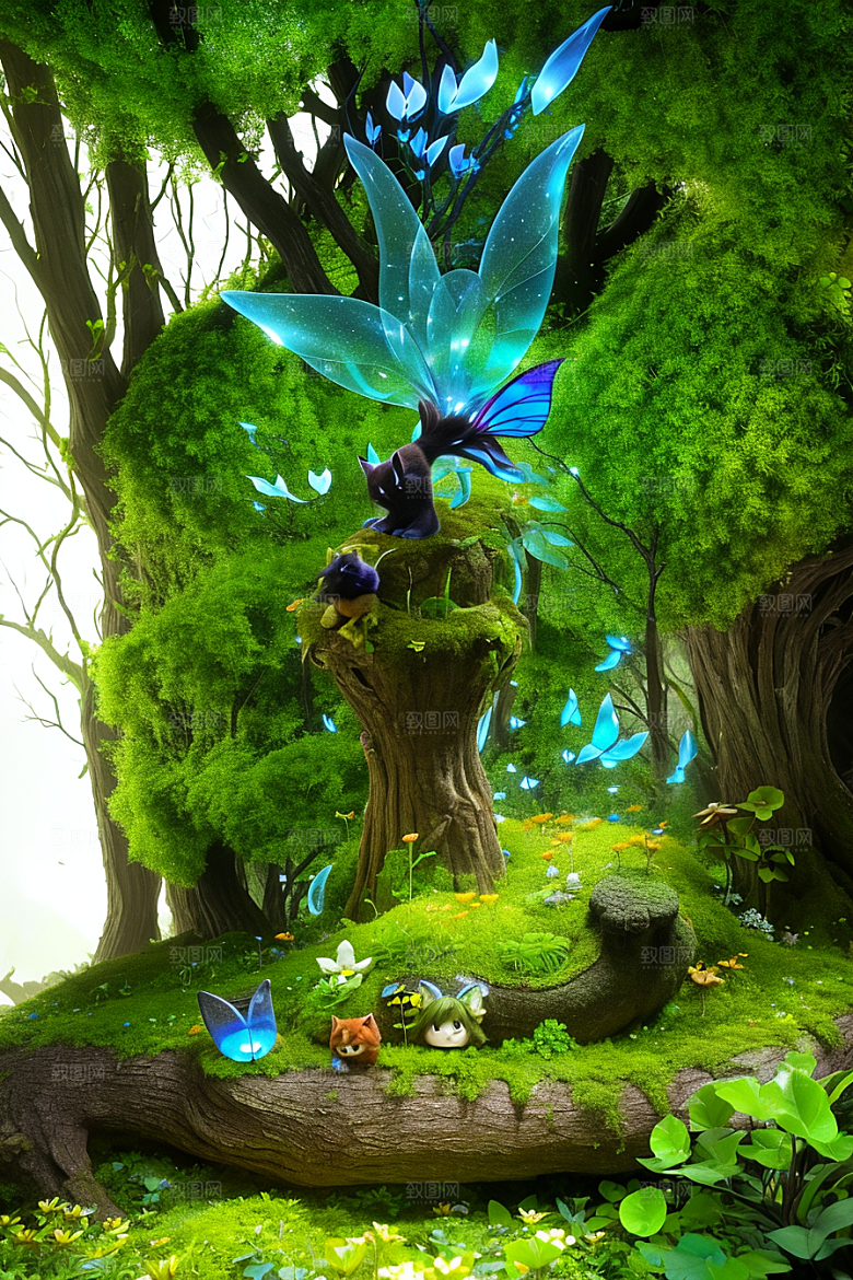 奇幻森林中的小精灵与花朵