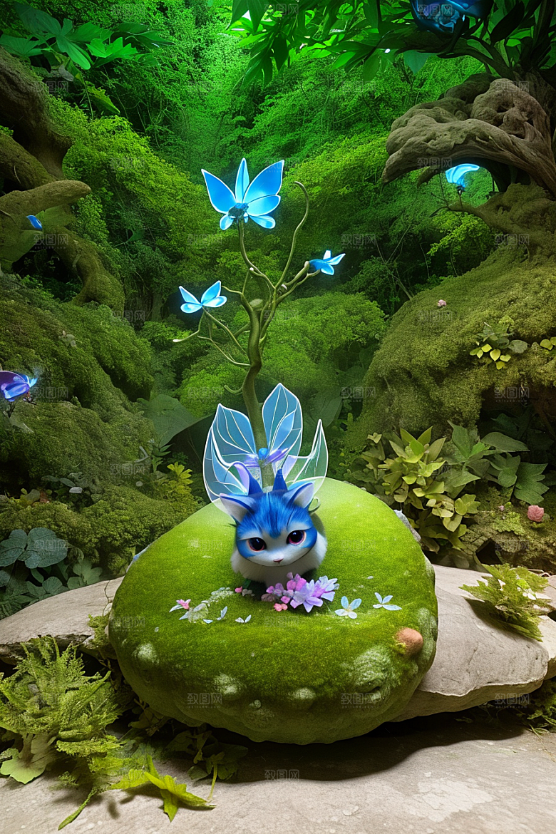 奇幻森林中的小精灵与花朵