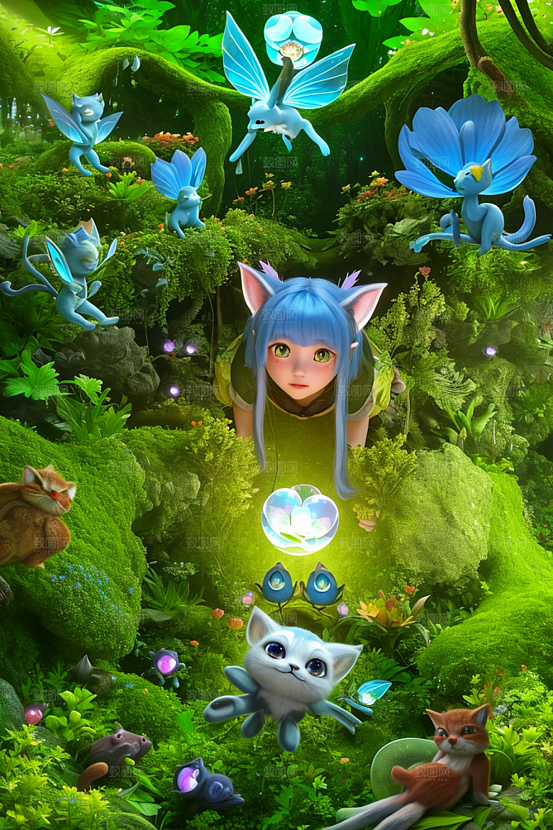 奇幻森林中的小精灵与花朵