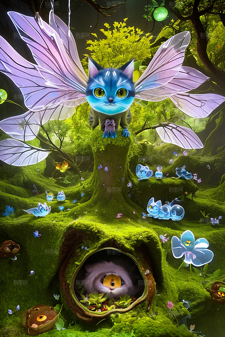 魔幻微光黄色和蓝色微小发光花朵点缀的草地