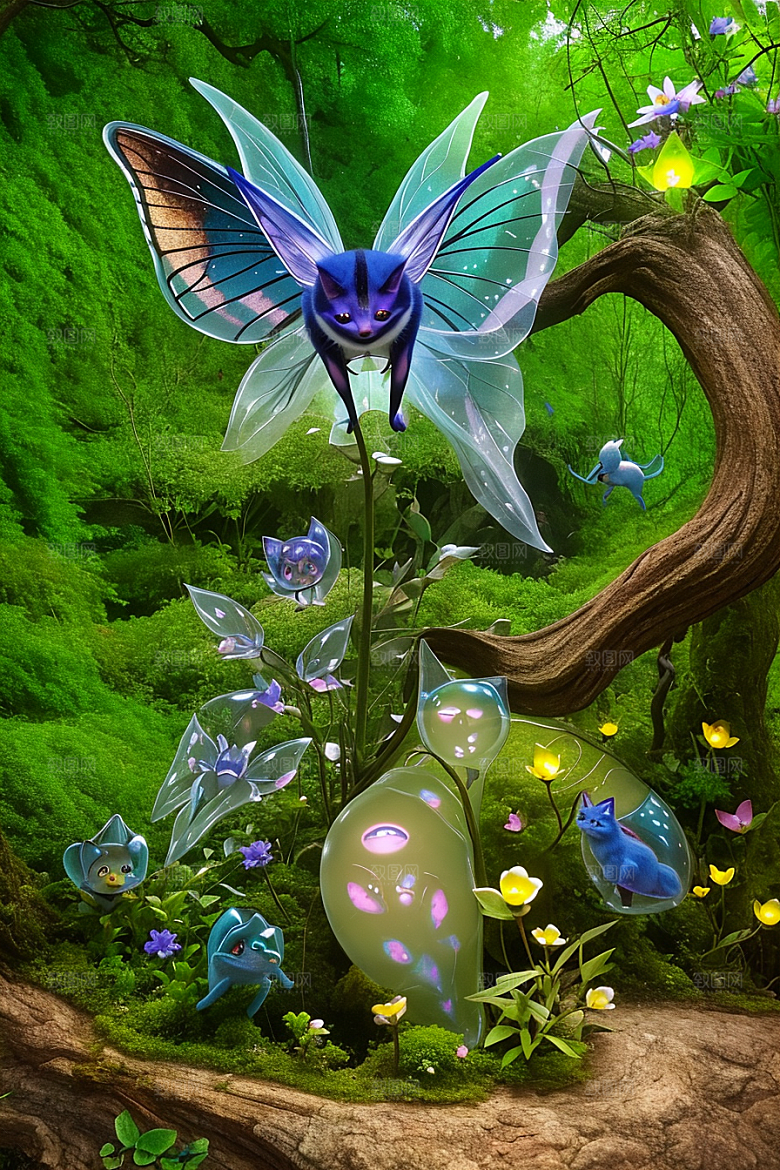 魔幻微光黄色和蓝色微小发光花朵点缀的草地