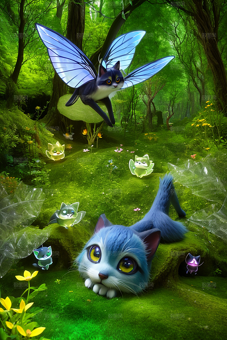 魔幻微光黄色和蓝色微小发光花朵点缀的草地