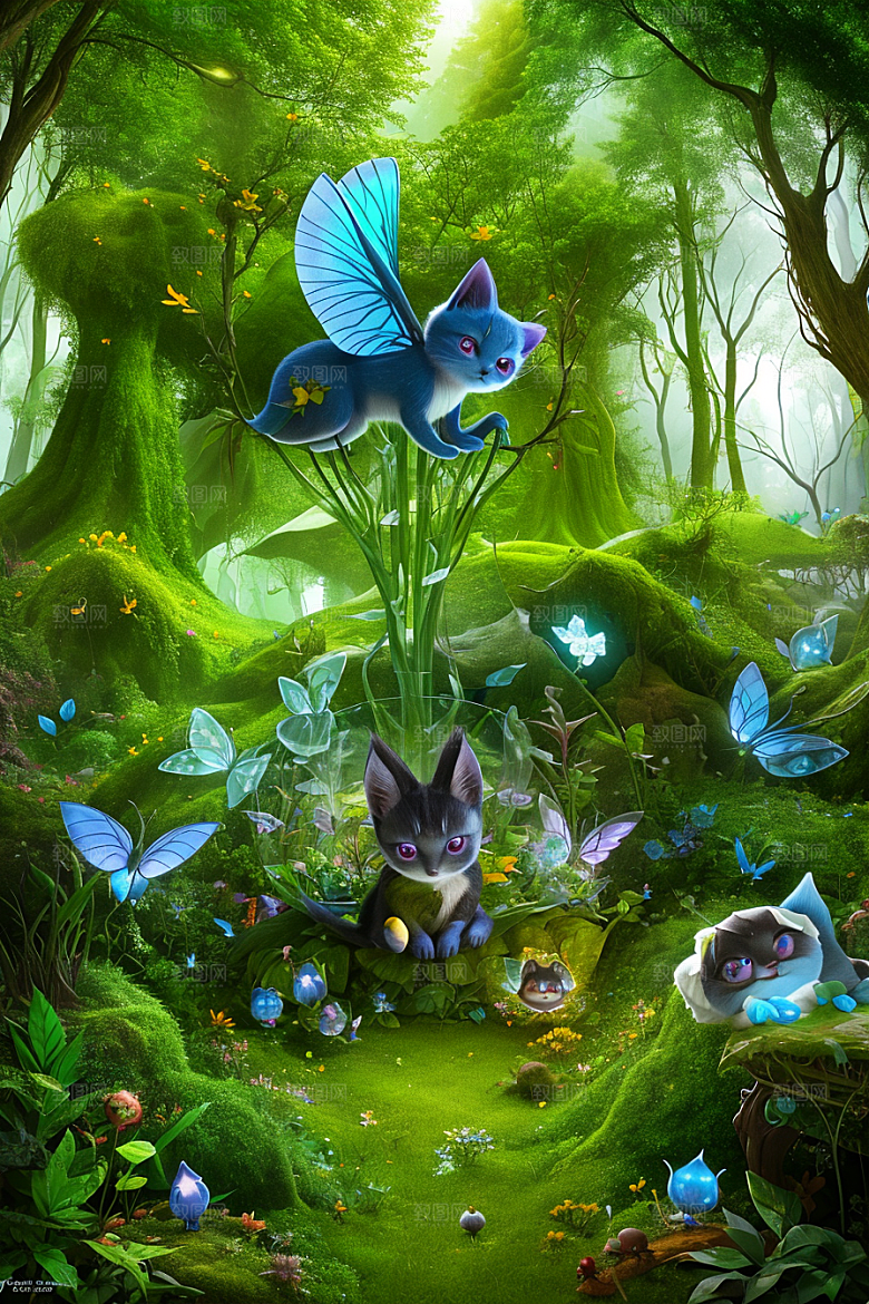 魔幻微光黄色和蓝色微小发光花朵点缀的草地