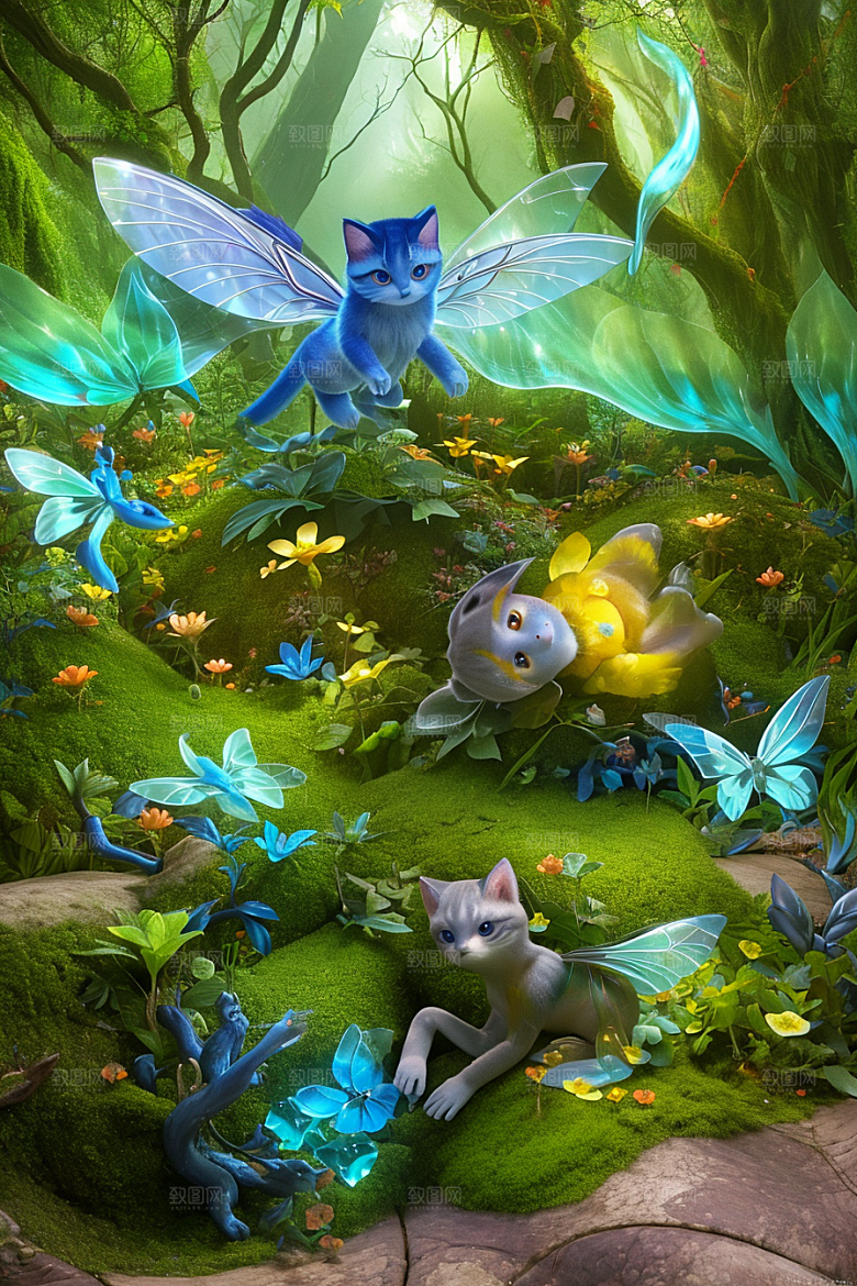魔幻微光黄色和蓝色微小发光花朵点缀的草地