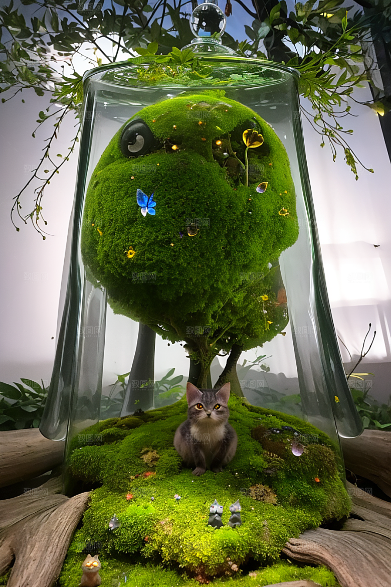 魔幻微光黄色和蓝色微小发光花朵点缀的草地
