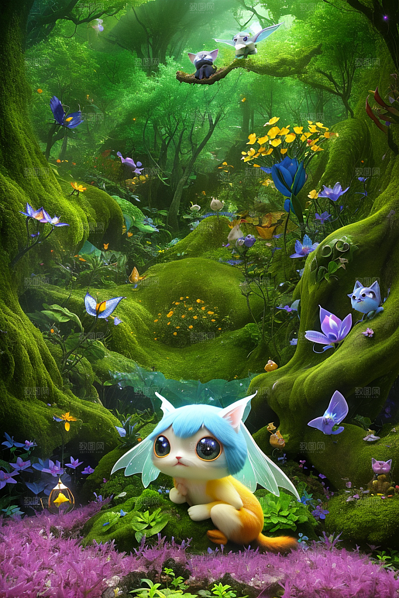 魔幻微光黄色和蓝色微小发光花朵点缀的草地