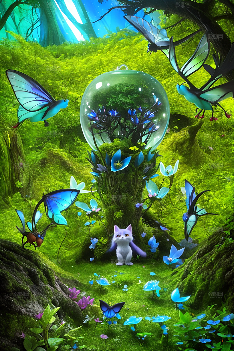 魔幻微光黄色和蓝色微小发光花朵点缀的草地