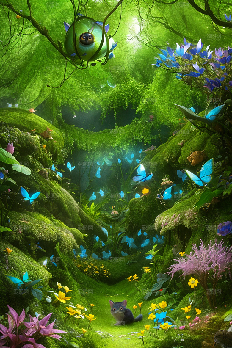 魔幻微光黄色和蓝色微小发光花朵点缀的草地