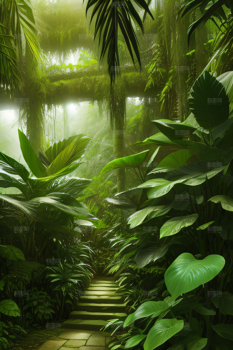 多样的植物形状近距离的阔叶森林景观