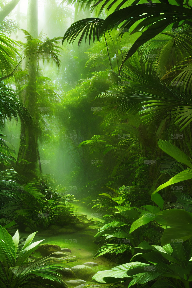透明的热带雨林真实的光源照亮远处