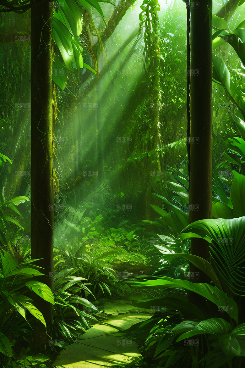 透明的热带雨林真实的光源照亮远处