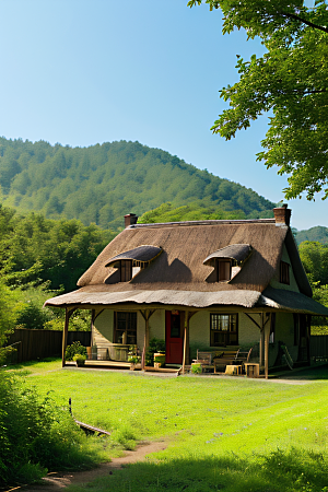 农舍风情田园风光中的稻草和茅草屋