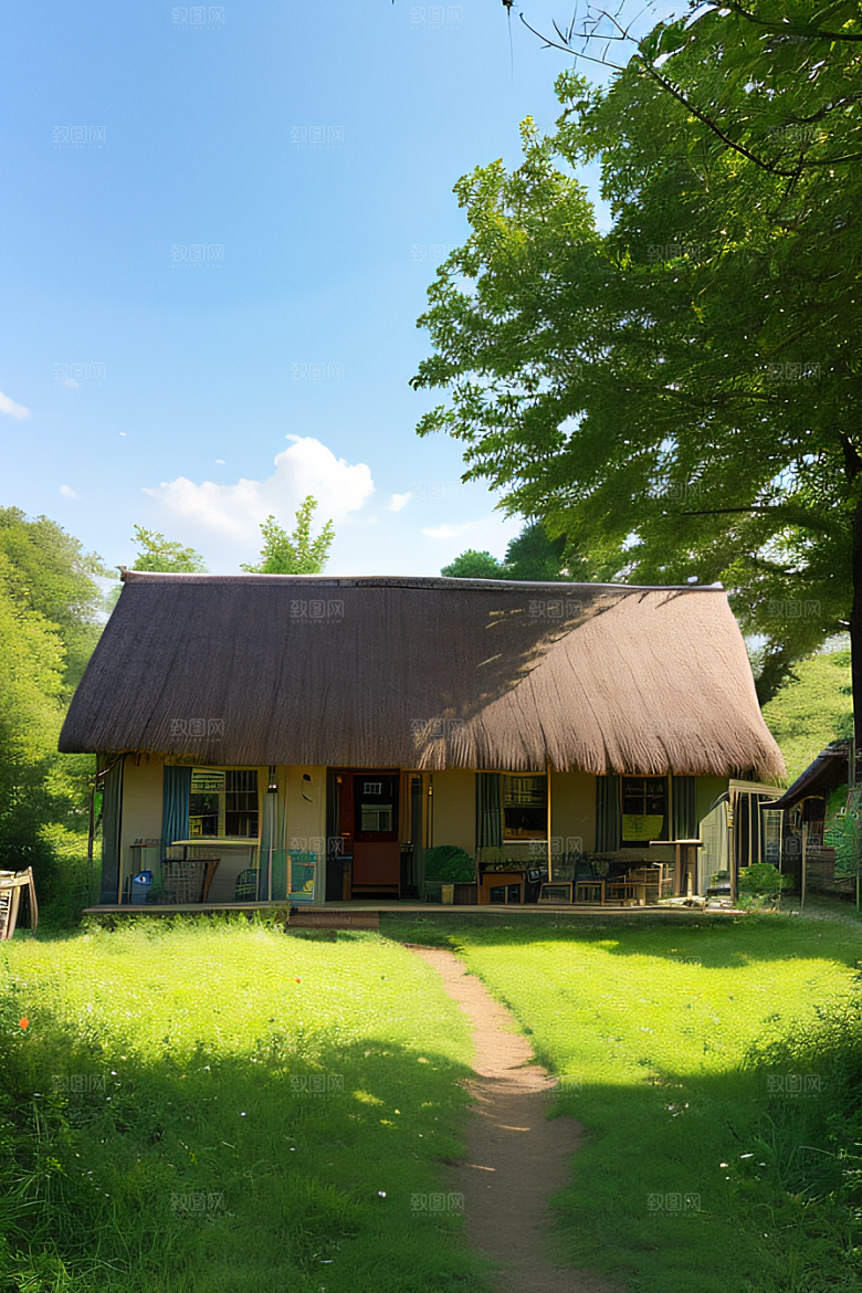 农舍风情田园风光中的稻草和茅草屋