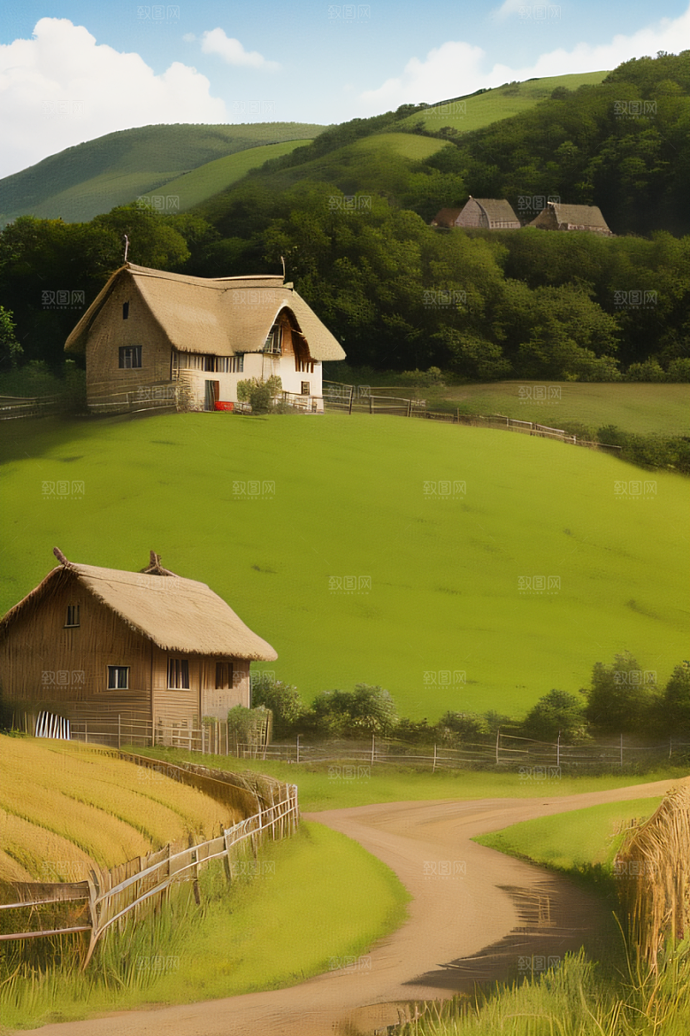 田园风情散落稻草的乡村想象