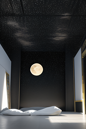 黑色真实室内空间中的月亮光辉