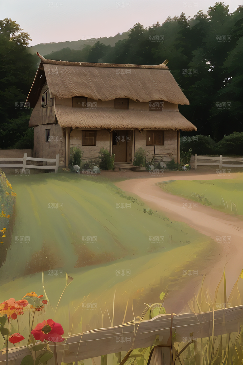 农舍风情田园风光中的稻草和茅草屋