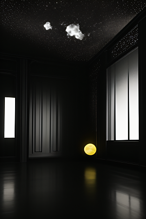 真实黑色月亮照耀的室内空间