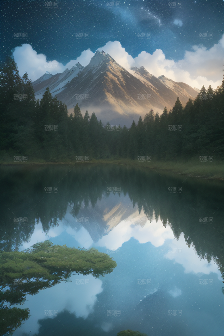 宁静湖泊飘浮云朵