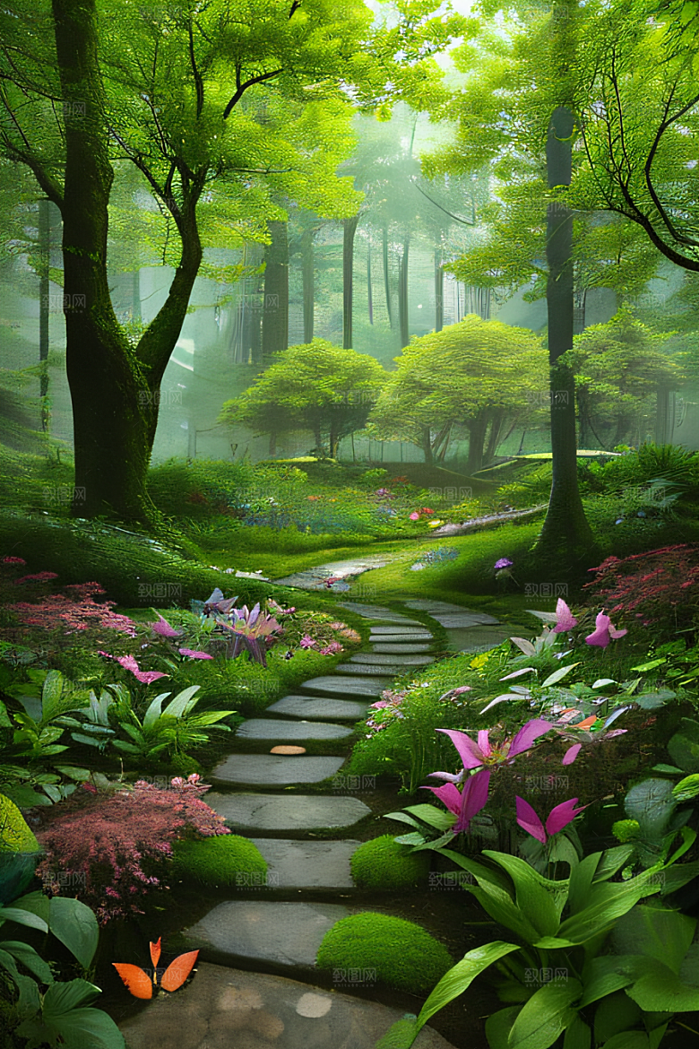 蜂飞蝶舞树摇微风迷人森林风景