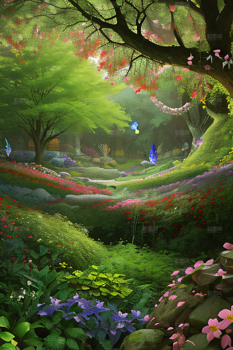 蜂飞蝶舞树摇微风迷人森林风景