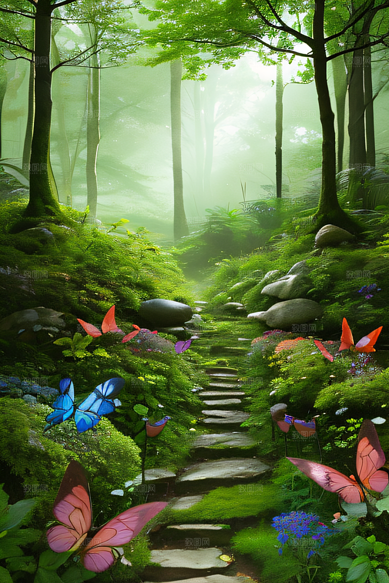 蜂飞蝶舞树摇微风迷人森林风景