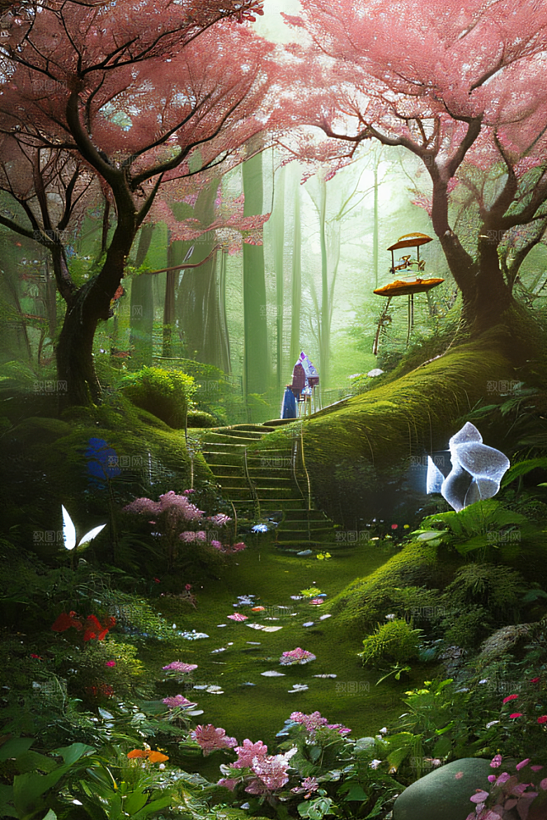 蜂飞蝶舞树摇微风迷人森林风景
