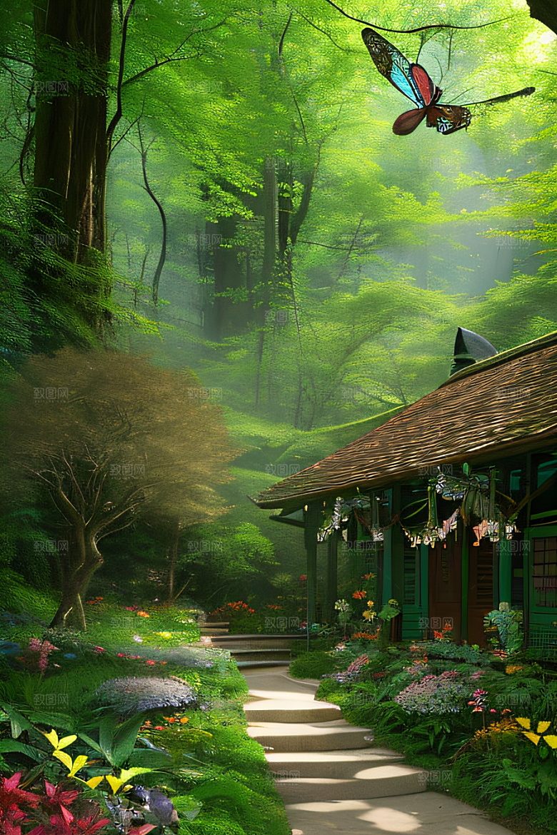 蜂飞蝶舞树摇微风迷人森林风景