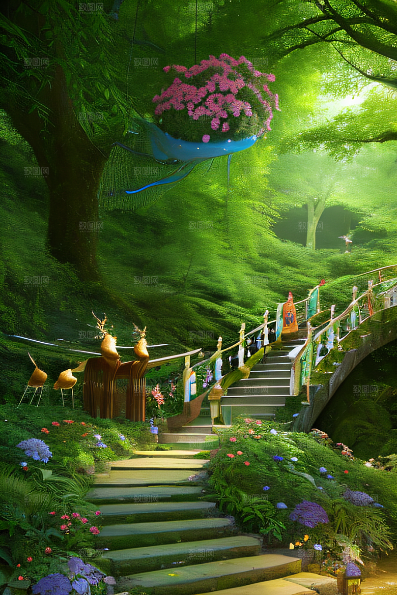 蜂飞蝶舞树摇微风迷人森林风景