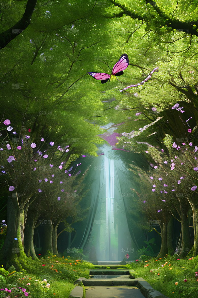 树影婆娑花香扑鼻迷人森林美景