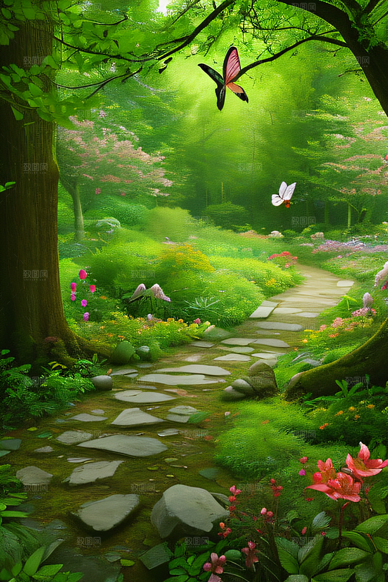 树影婆娑花香扑鼻迷人森林美景