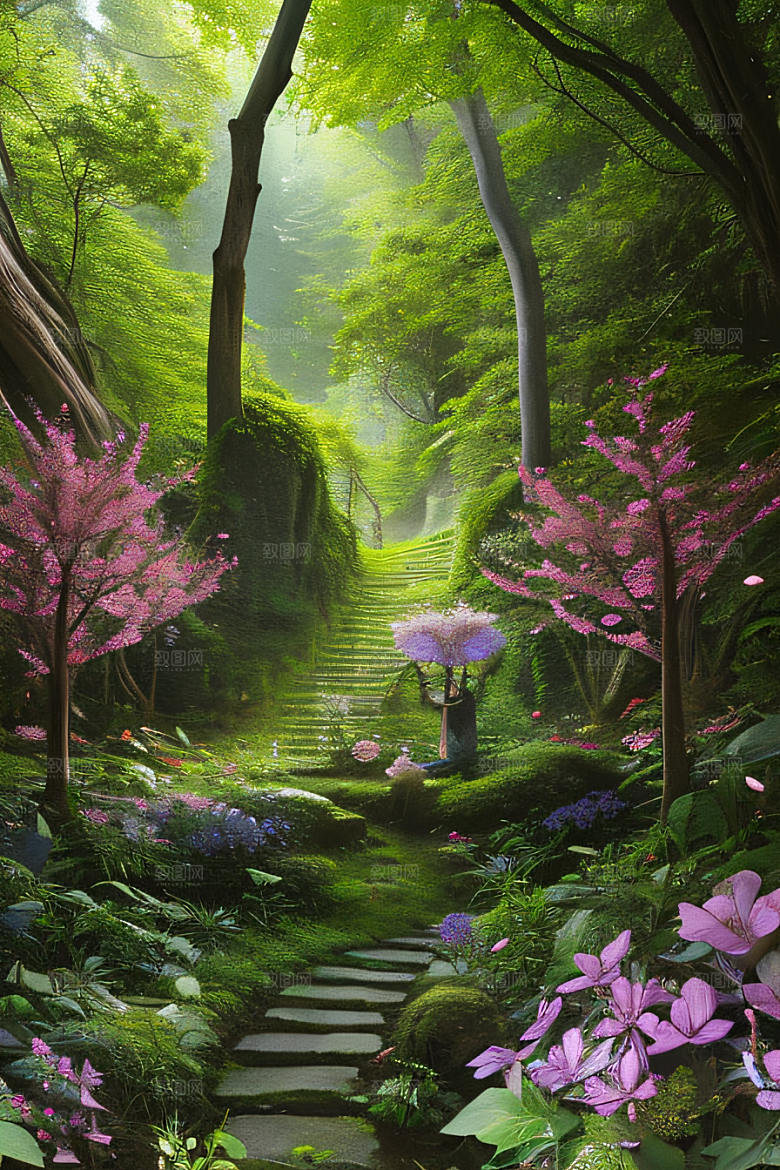树影婆娑花香扑鼻迷人森林美景