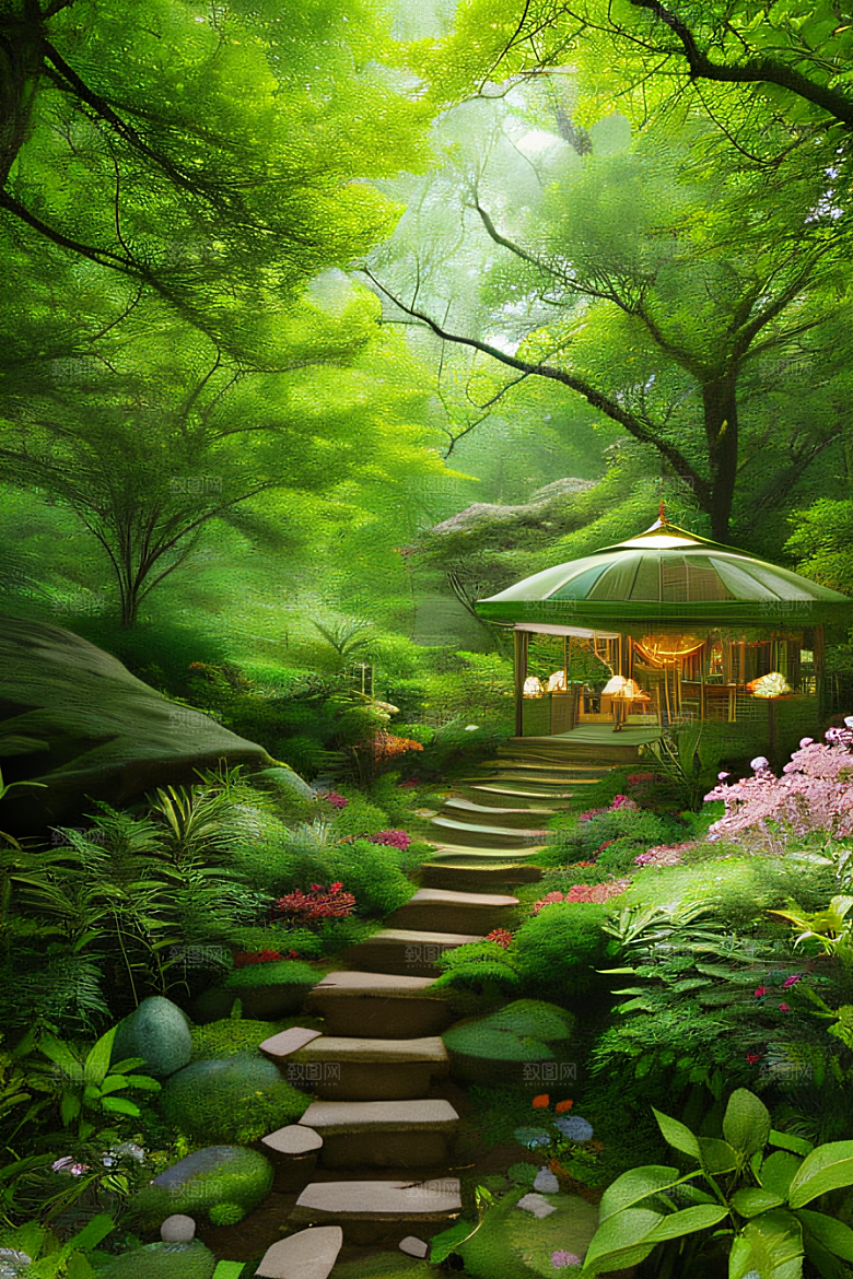 树影婆娑花香扑鼻迷人森林美景