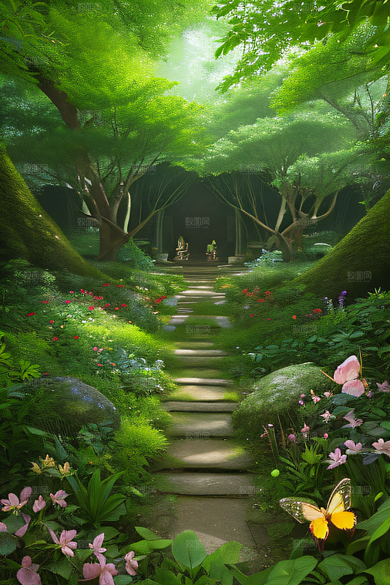 树影婆娑花香扑鼻迷人森林美景