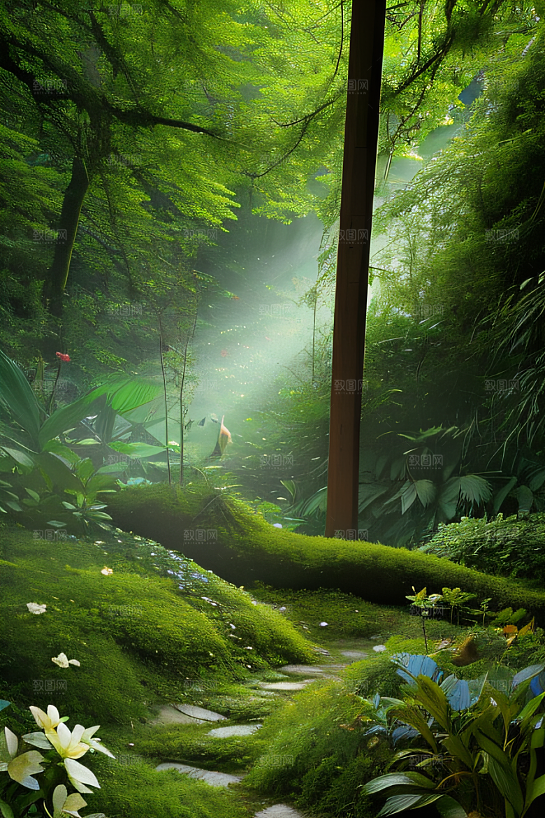 树影婆娑花香扑鼻迷人森林美景