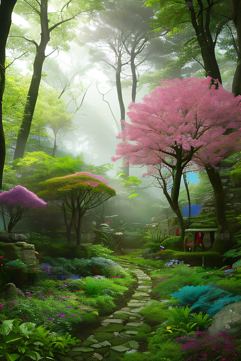 树影婆娑花香扑鼻迷人森林美景