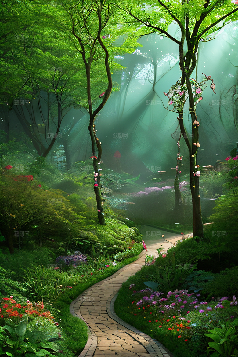 树影婆娑花香扑鼻迷人森林美景