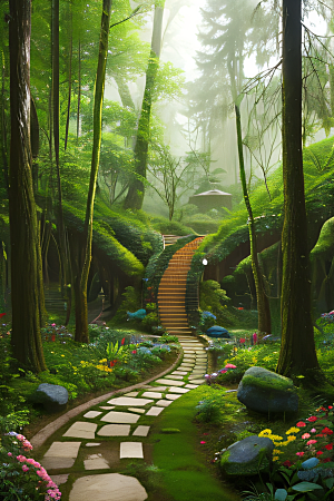 树影婆娑花香扑鼻迷人森林美景