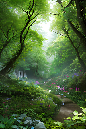 树影婆娑花香扑鼻迷人森林美景