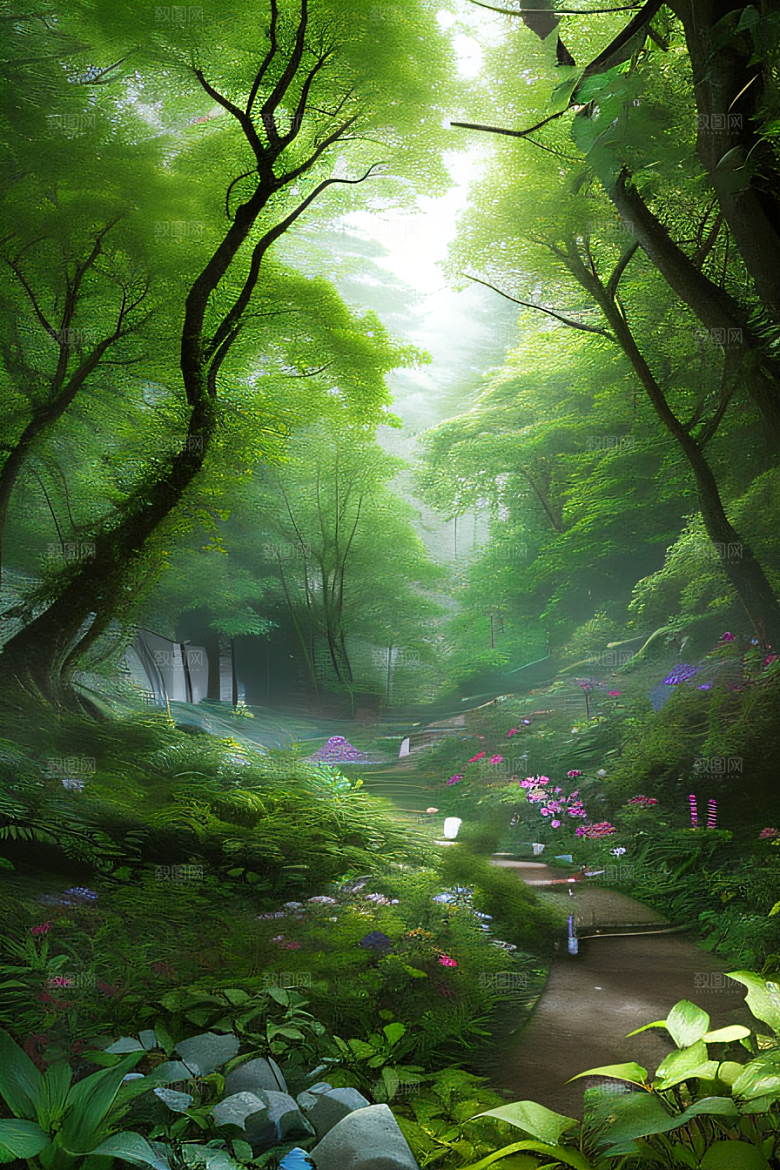 树影婆娑花香扑鼻迷人森林美景