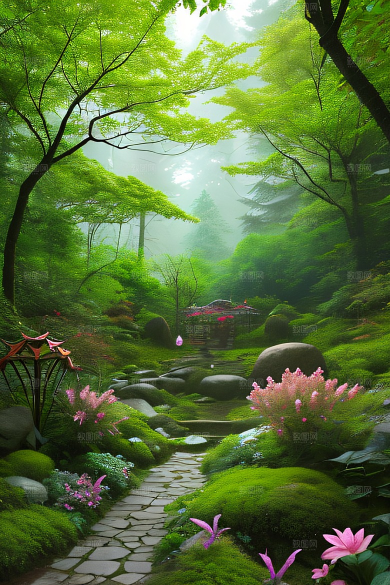 树影婆娑花香扑鼻迷人森林美景