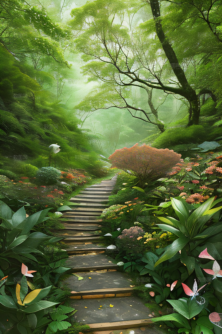 树影婆娑花香扑鼻迷人森林美景
