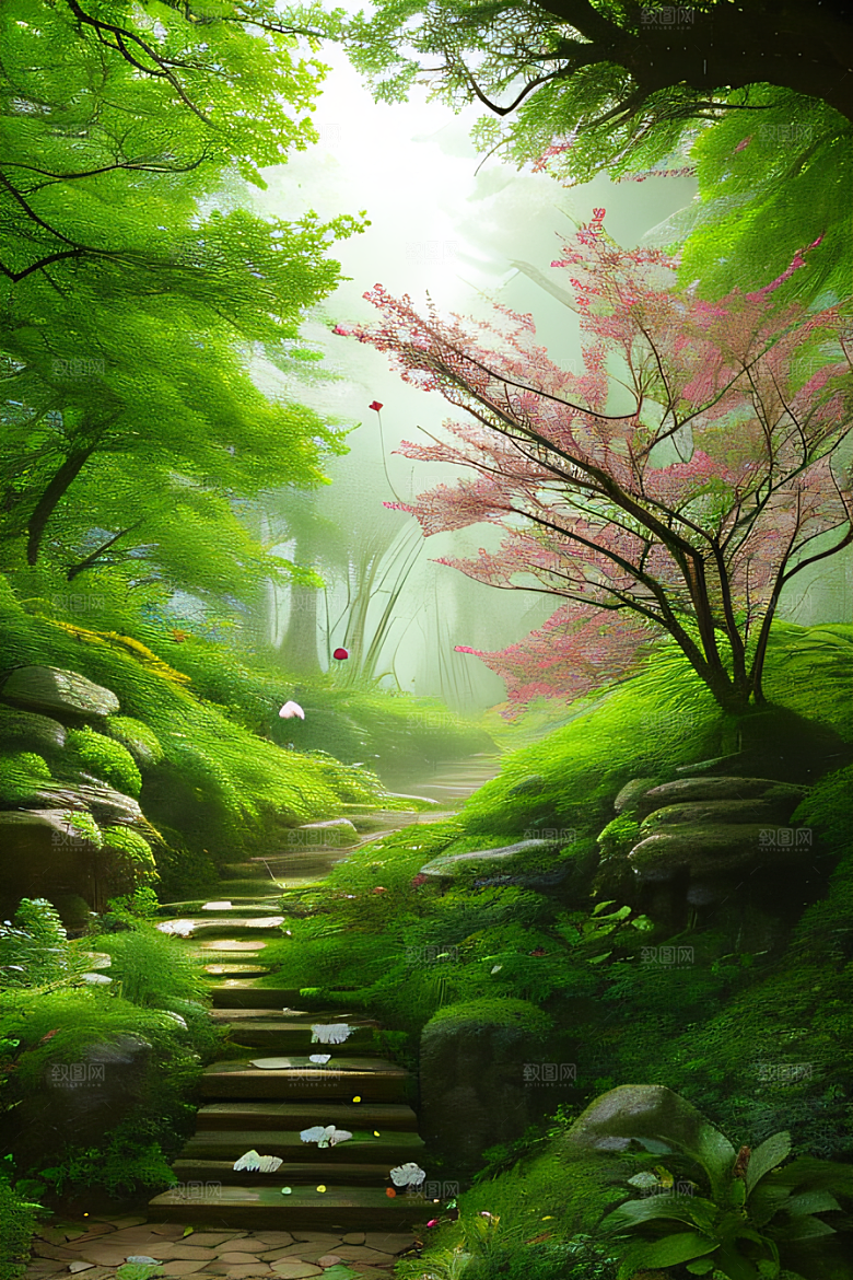 花开蝶舞树影婆娑迷人森林景色