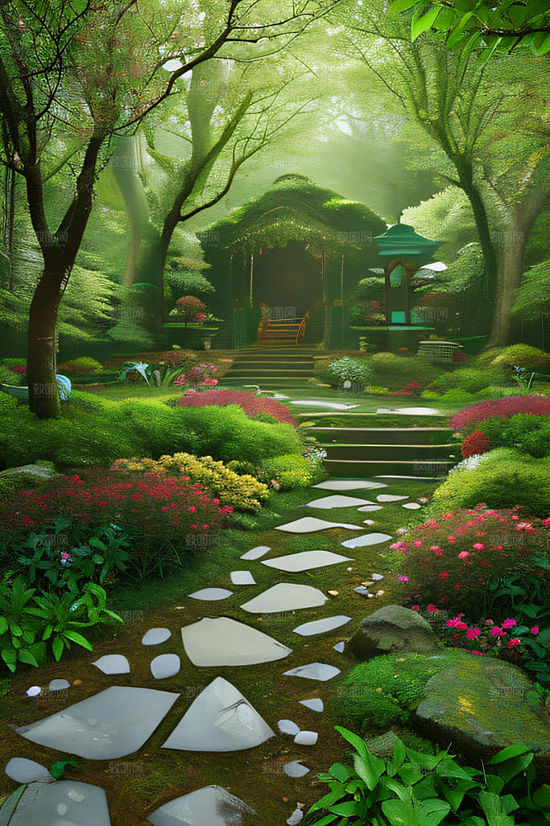 花开蝶舞树影婆娑迷人森林景色