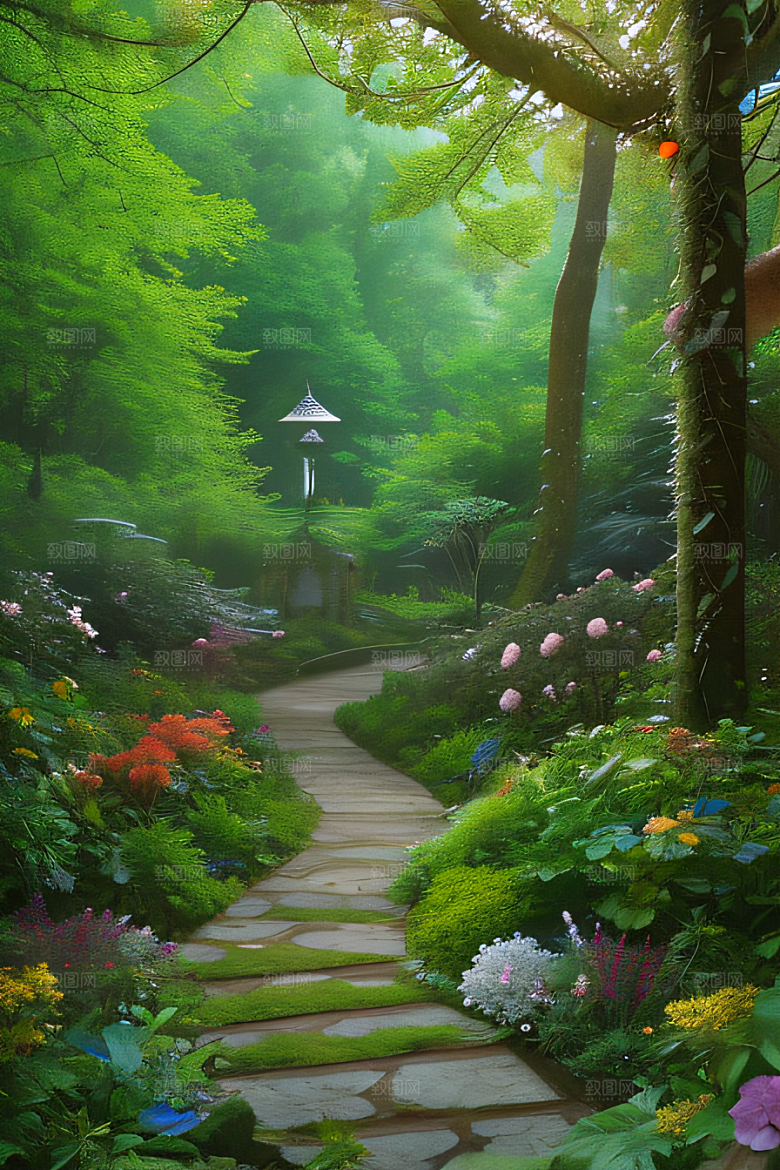 花开蝶舞树影婆娑迷人森林景色