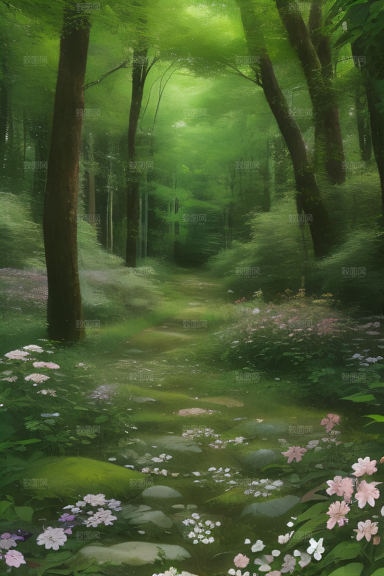 醉人花香沉静的森林景色